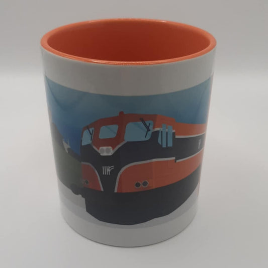 Cup with depicting an Irish Rail diesel locomotive, with orange interior and a white background.